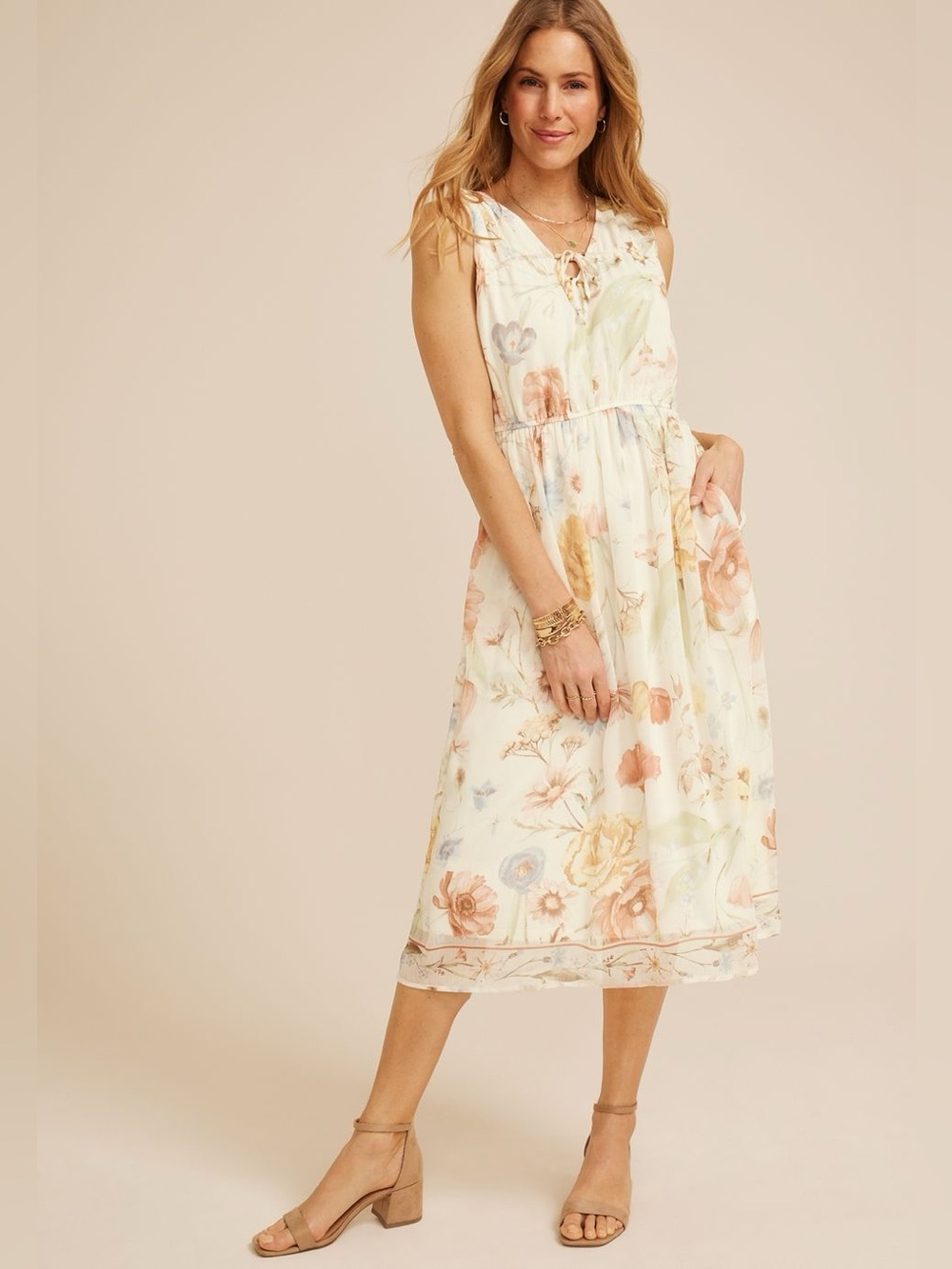 NWT Maurices Bare Floral Lace Up Midi Dress Size Medium Watercolor Boho Chiffon